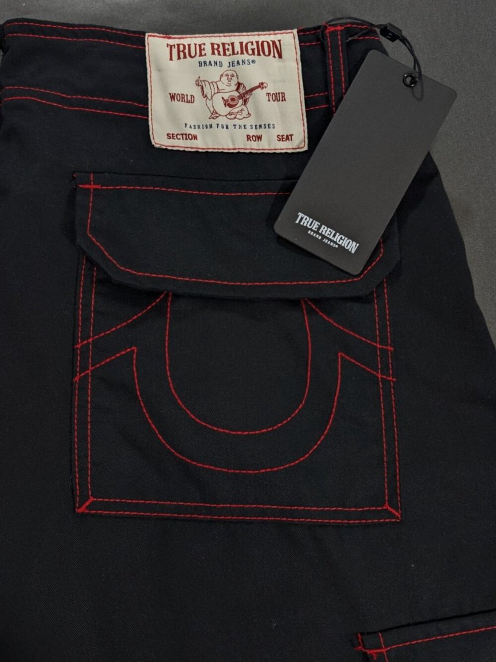True Religion Jet Black TR-V Red Stitching Men`s 34 36 34x32 36x32 Cargo Pants
